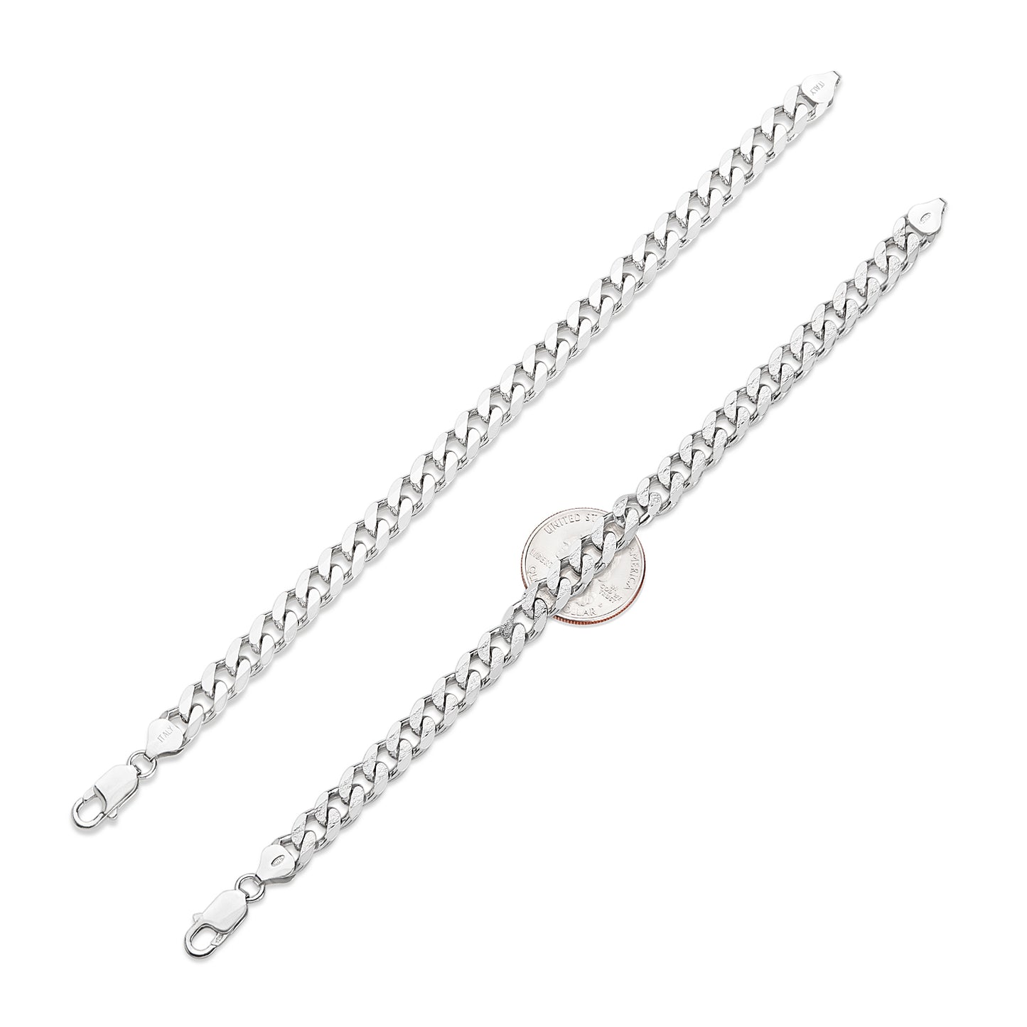 Men's 8mm Diamond-Cut Rhodium Plated Silver Flat Cuban Link Curb Chain Necklace