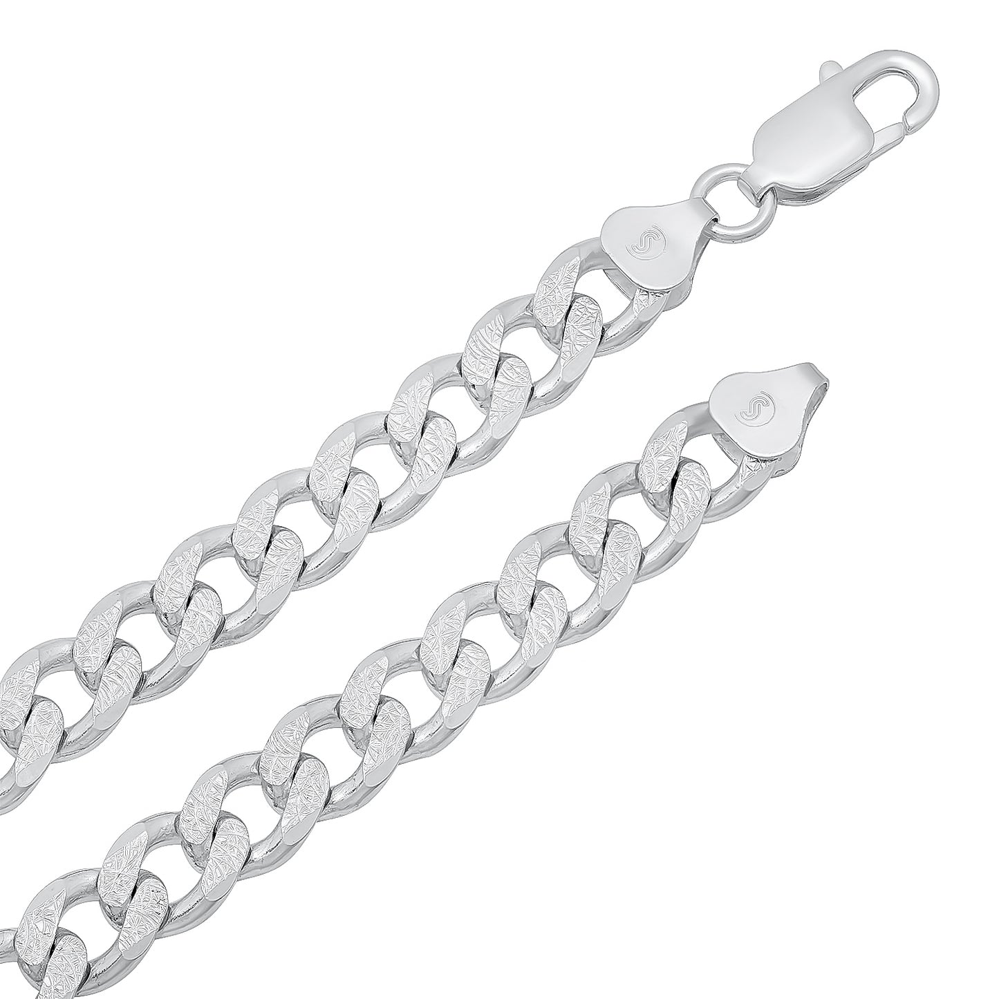 8mm .925 Sterling Silver Diamond-Cut Flat Cuban Link Curb Chain Necklace + Bracelet Set