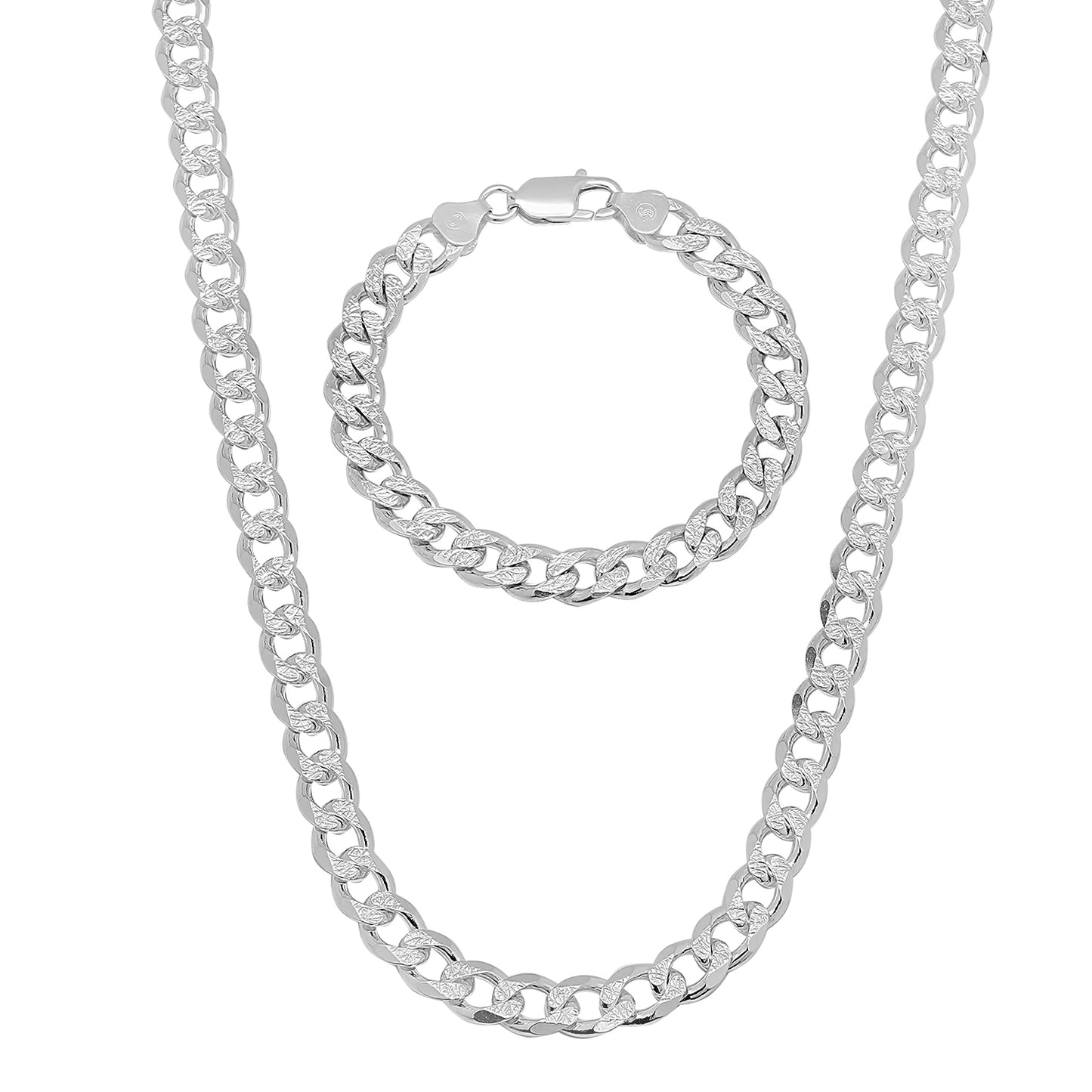 8mm .925 Sterling Silver Diamond-Cut Flat Cuban Link Curb Chain Necklace + Bracelet Set