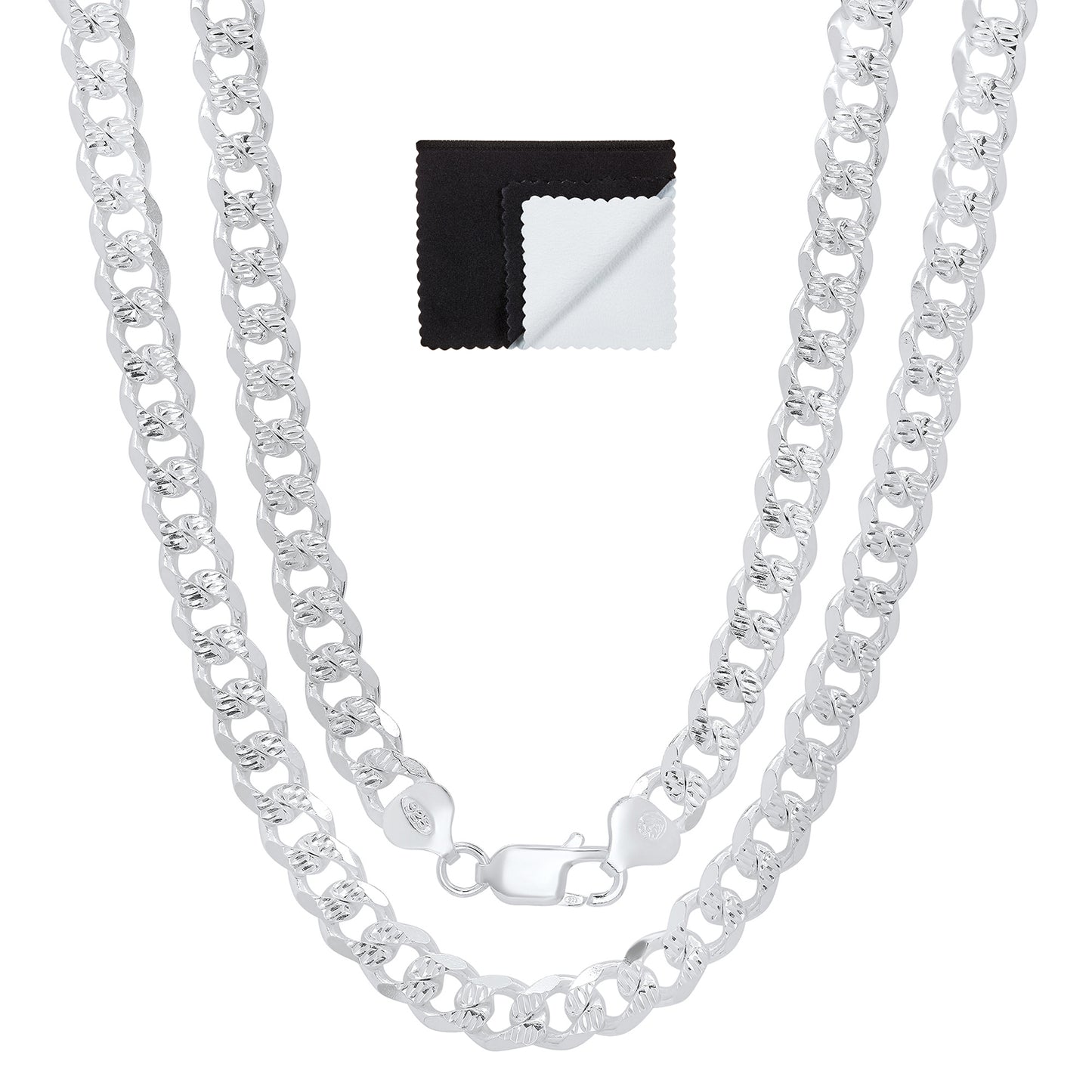 8mm .925 Sterling Silver Diamond-Cut Flat Cuban Link Curb Chain Necklace