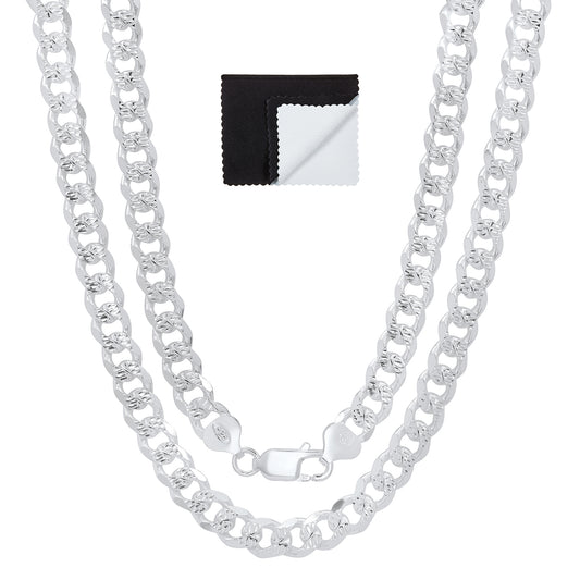 Men's 8mm .925 Sterling Silver Diamond-Cut Flat Cuban Link Curb Chain Necklace + Gift Box