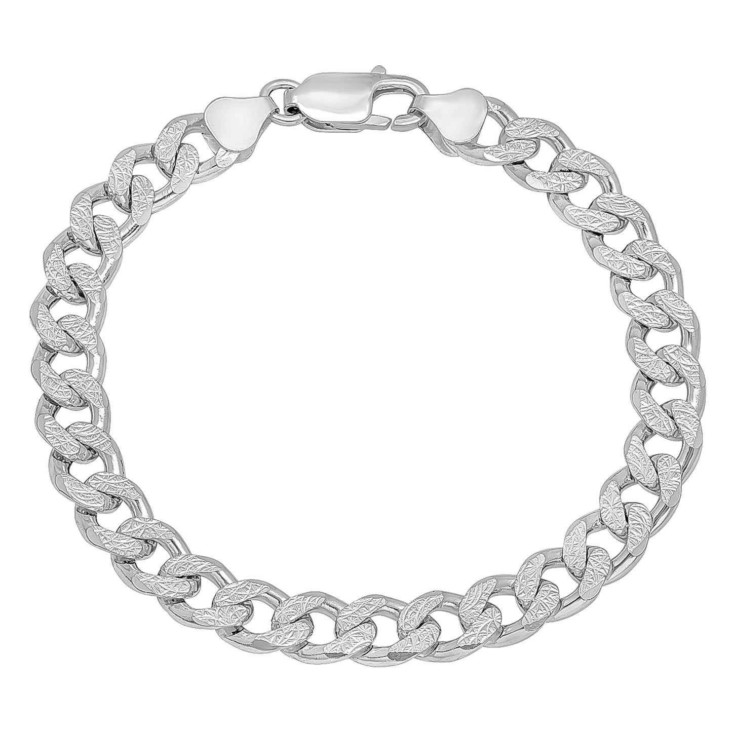 Men's 8mm Diamond-Cut Rhodium Plated Silver Flat Cuban Link Curb Chain Necklace