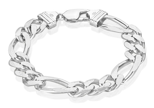 Men's 11mm Rhodium Plated Silver Flat Figaro Chain Bracelet