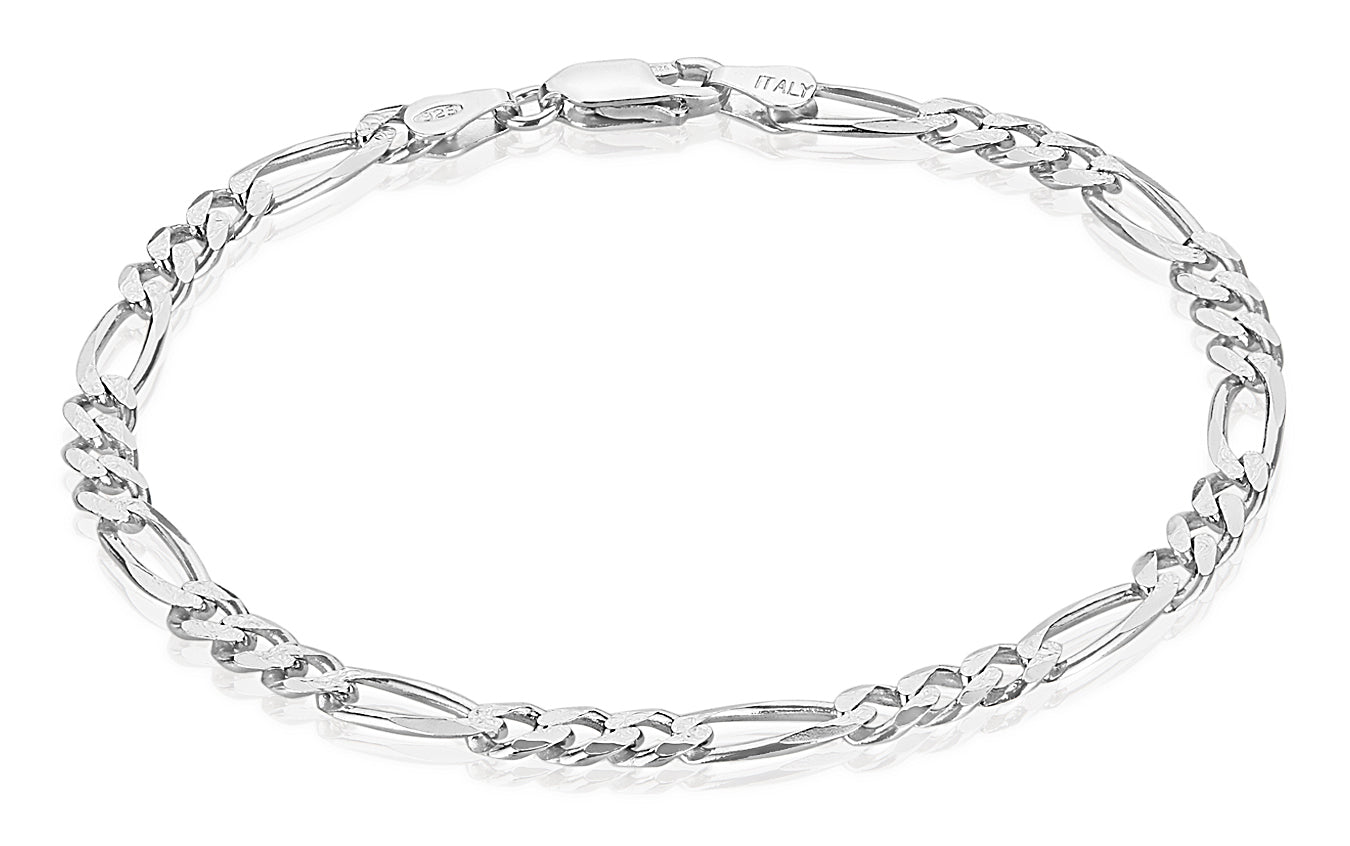 4.7mm Diamond-Cut Rhodium Plated Silver Flat Figaro Chain Bracelet