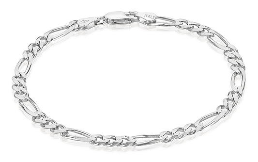 4.7mm Diamond-Cut Rhodium Plated Silver Flat Figaro Chain Bracelet