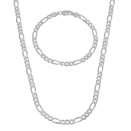 4.7mm .925 Sterling Silver Diamond-Cut Flat Figaro Chain Necklace + Bracelet Set