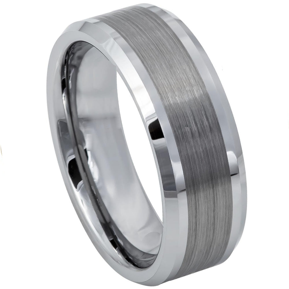 Men's Tungsten Carbide Brushed Center Shiny Lines Beveled Edge Band Ring, Size 8,9,10,11,12 (SKU: TG-RN1001)