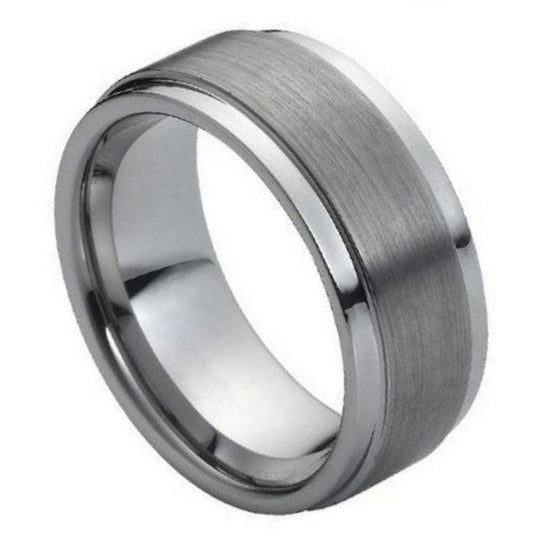 Men's Tungsten Carbide Brushed Center Stepped Edge Band Ring, Size 8,9,10,11,12 + Polishing Cloth