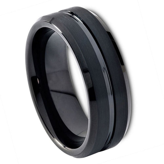 Men's Tungsten Carbide Shiny Grooved Center Center Brushed Beveled Edge Band Ring, Size 8,9,10,11,12