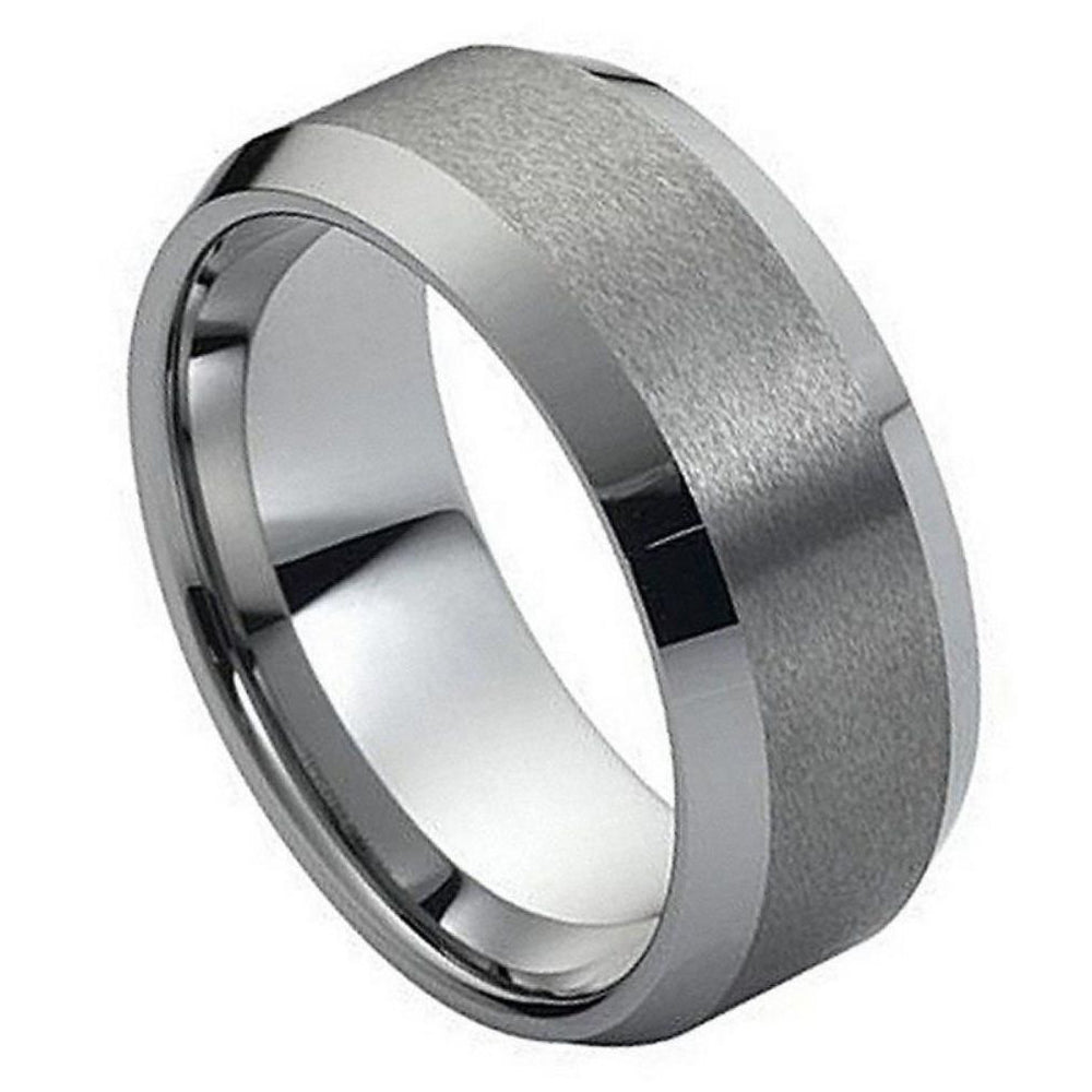 Men's Tungsten Carbide Brushed Center Beveled Edge Band Ring, Size 8,9,10,11,12 + Polishing Cloth (SKU: TG-RN1007)
