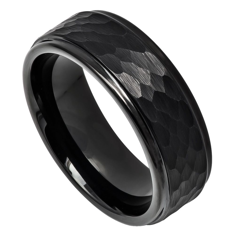 Men's Tungsten Carbide Hammered Center with Stepped Edge Band Ring, Size 8,9,10,11,12 + Polishing Cloth