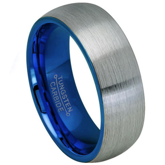 8mm Brushed Blue Ion Plated Tungsten Carbide Domed Band Ring, Size 7,8,9,10,11,12,13,14,15 (US)