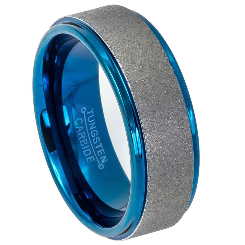 8mm Sandblasted Blue Ion Plated Tungsten Carbide Band Ring, Size 7,8,9,10,11,12,13,14,15 (US)