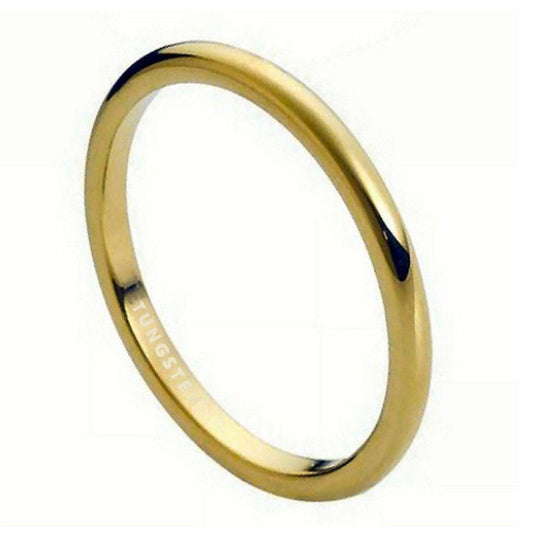 2mm Tungsten Carbide Gold Round Domed Thin Wedding Band Ring Comfort Fit + Jewelry Cloth & Pouch