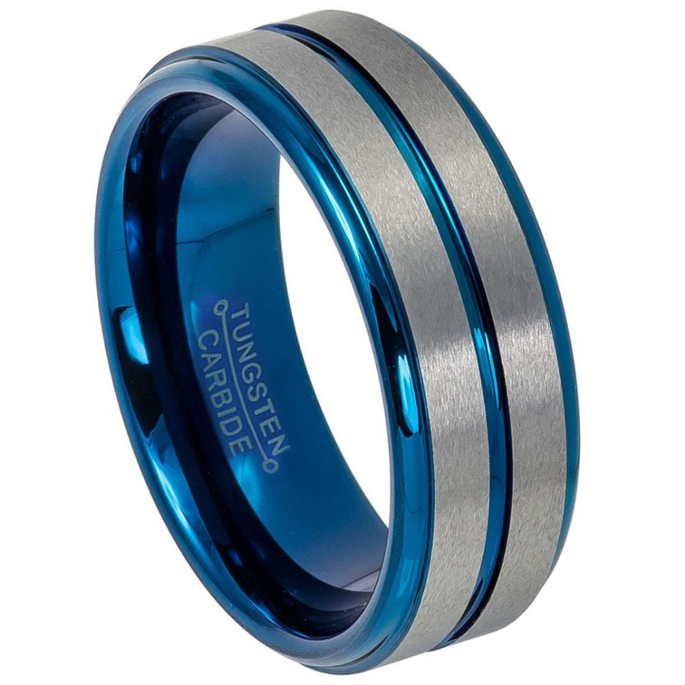 8mm Brushed Blue Ion Plated Tungsten Carbide Band Ring, Size 7,8,9,10,11,12,13,14,15 (US)