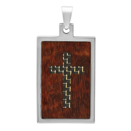 Tungsten w/Black Carbon Fiber Cross & Wood Inlay 30mm x 5.2 cm Pendant