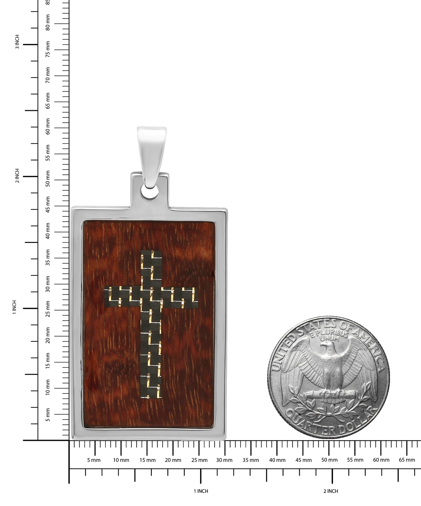 Tungsten w/Black Carbon Fiber Cross & Wood Inlay 30mm x 5.2 cm Pendant + Jewelry Polishing Cloth (SKU: TN-PD1002)