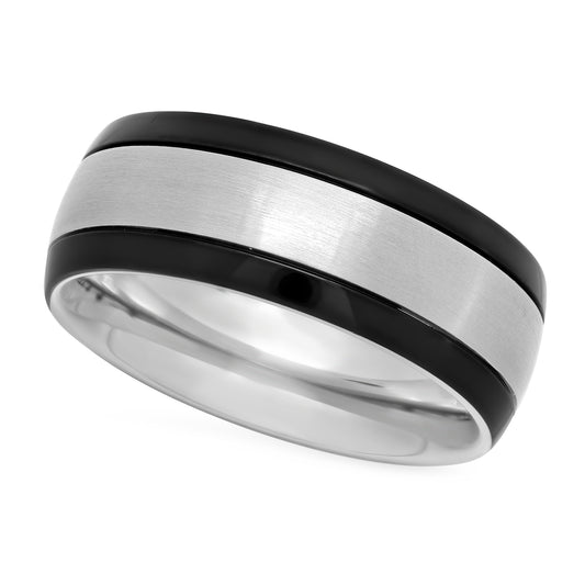 Two-Tone Titanium & Black 8mm Comfort Fit Ring w/Brushed Center + Microfiber