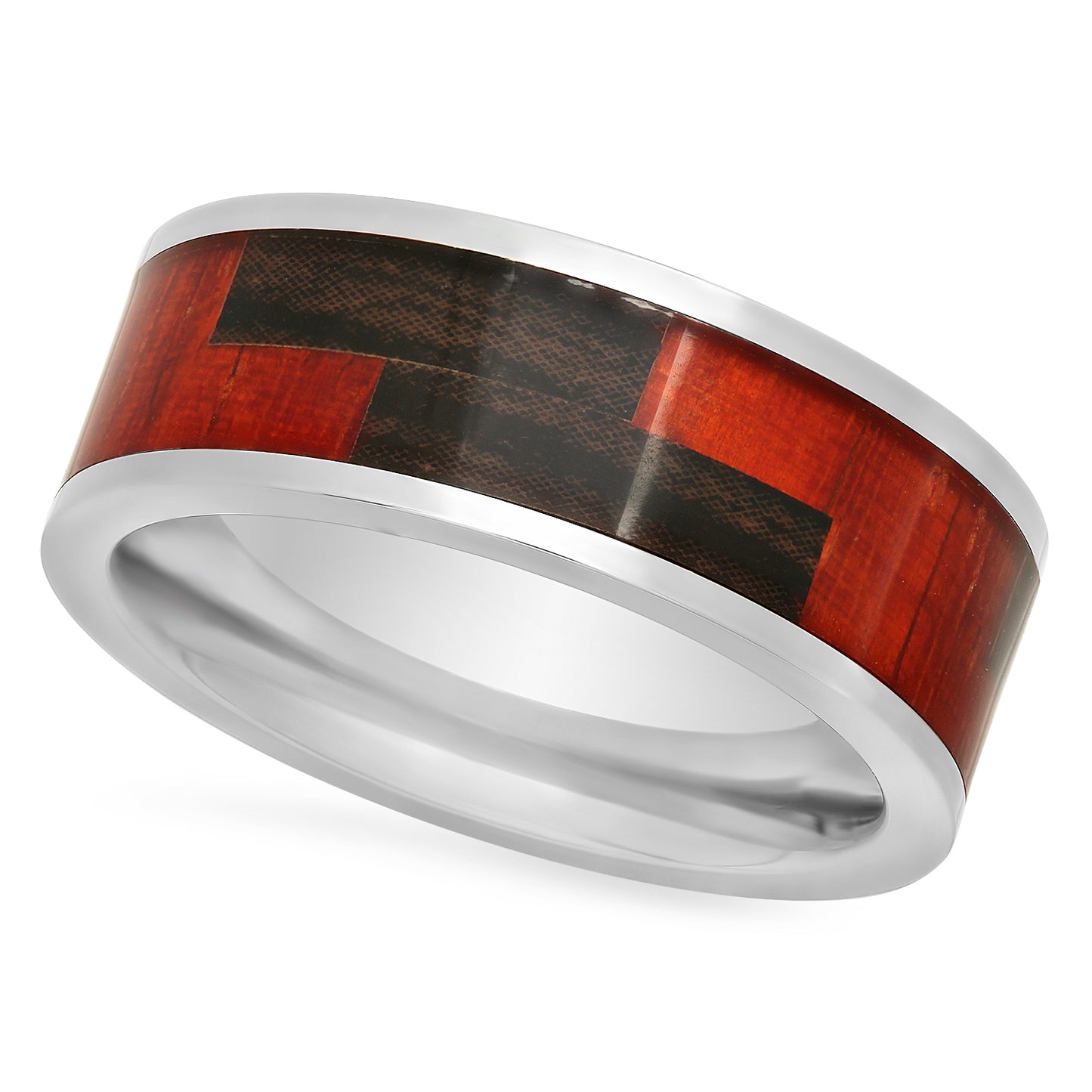 Titanium 9mm Comfort Fit Ring w/Z Patterned Diverse Wood Inlay + Microfiber