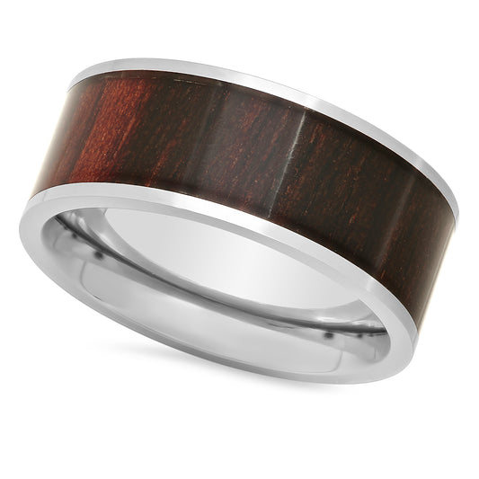 Titanium 9mm Comfort Fit Ring with African Blackwood Inlay + Microfiber