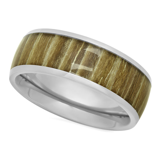 Titanium 8mm Domed Comfort Fit Ring w/Ashen Zebra Rosewood Inlay + Microfiber