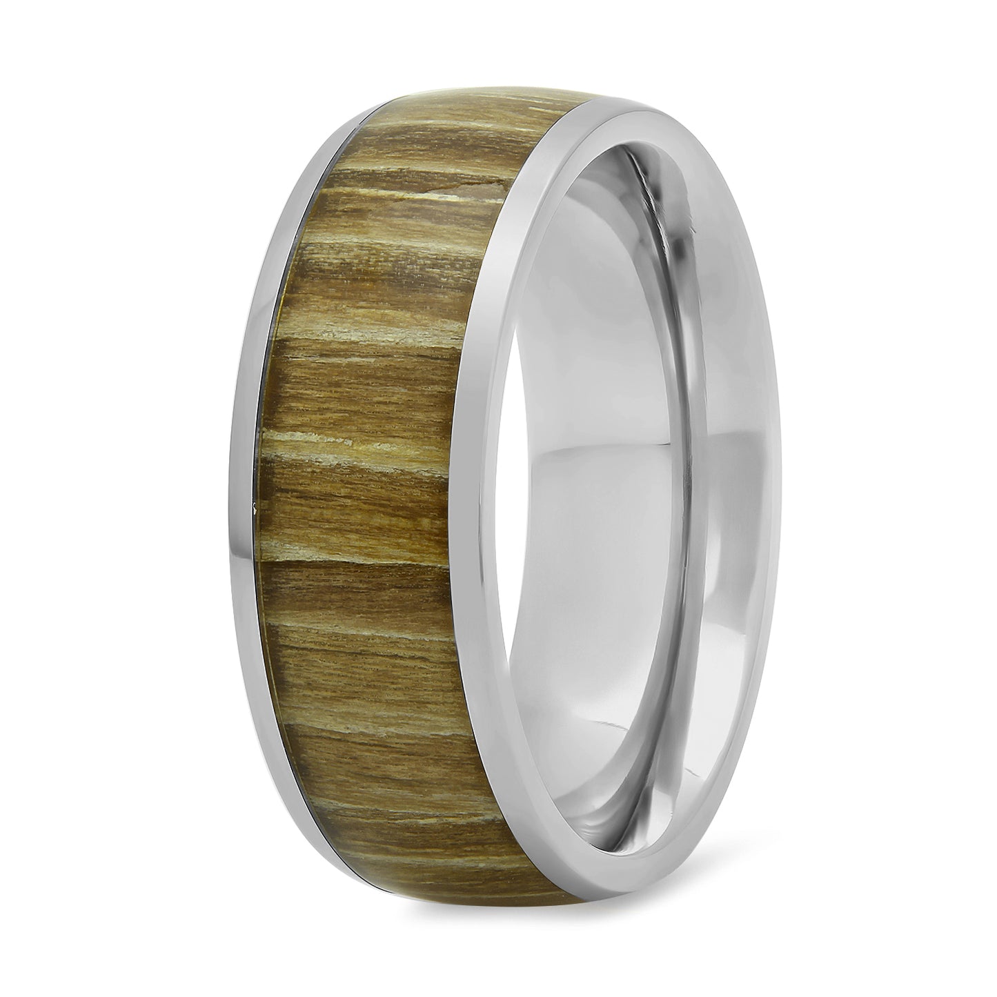 Titanium 8mm Domed Comfort Fit Ring w/Ashen Zebra Rosewood Inlay + Jewelry Polishing Cloth (SKU: TN-RN1018)