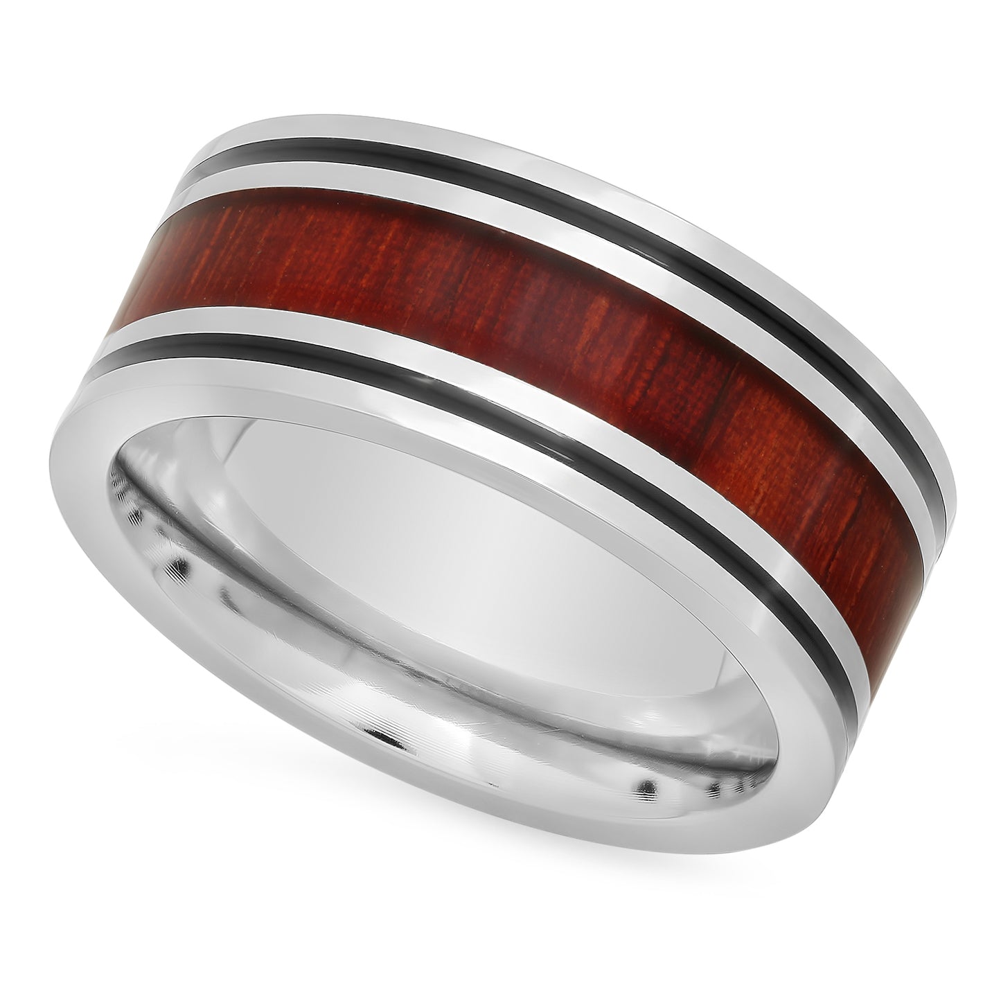 Two-Tone Black & Titanium 8mm Comfort Fit Ring w/Koa Rosewood Inlay + Microfiber