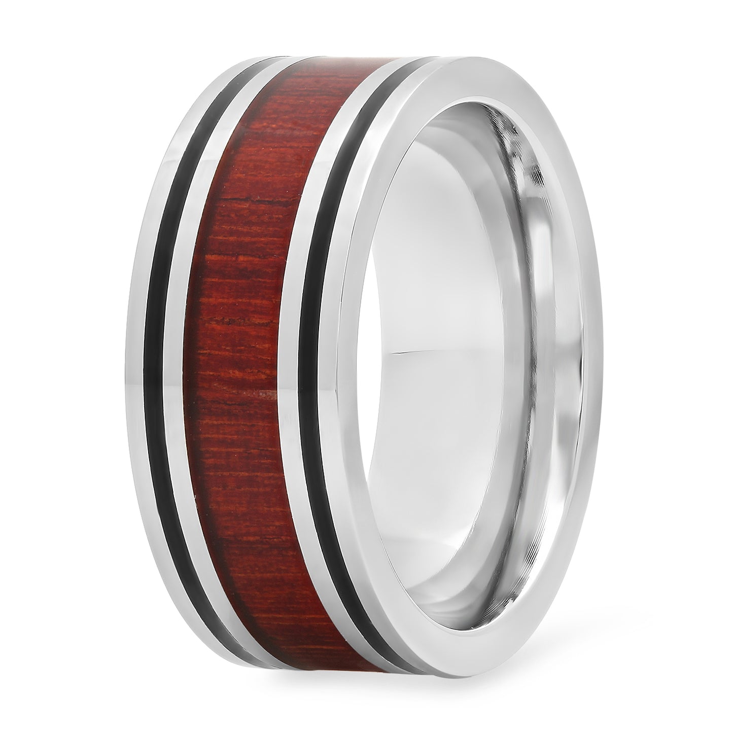 Two-Tone Black & Titanium 8mm Comfort Fit Ring w/Koa Rosewood Inlay + Microfiber