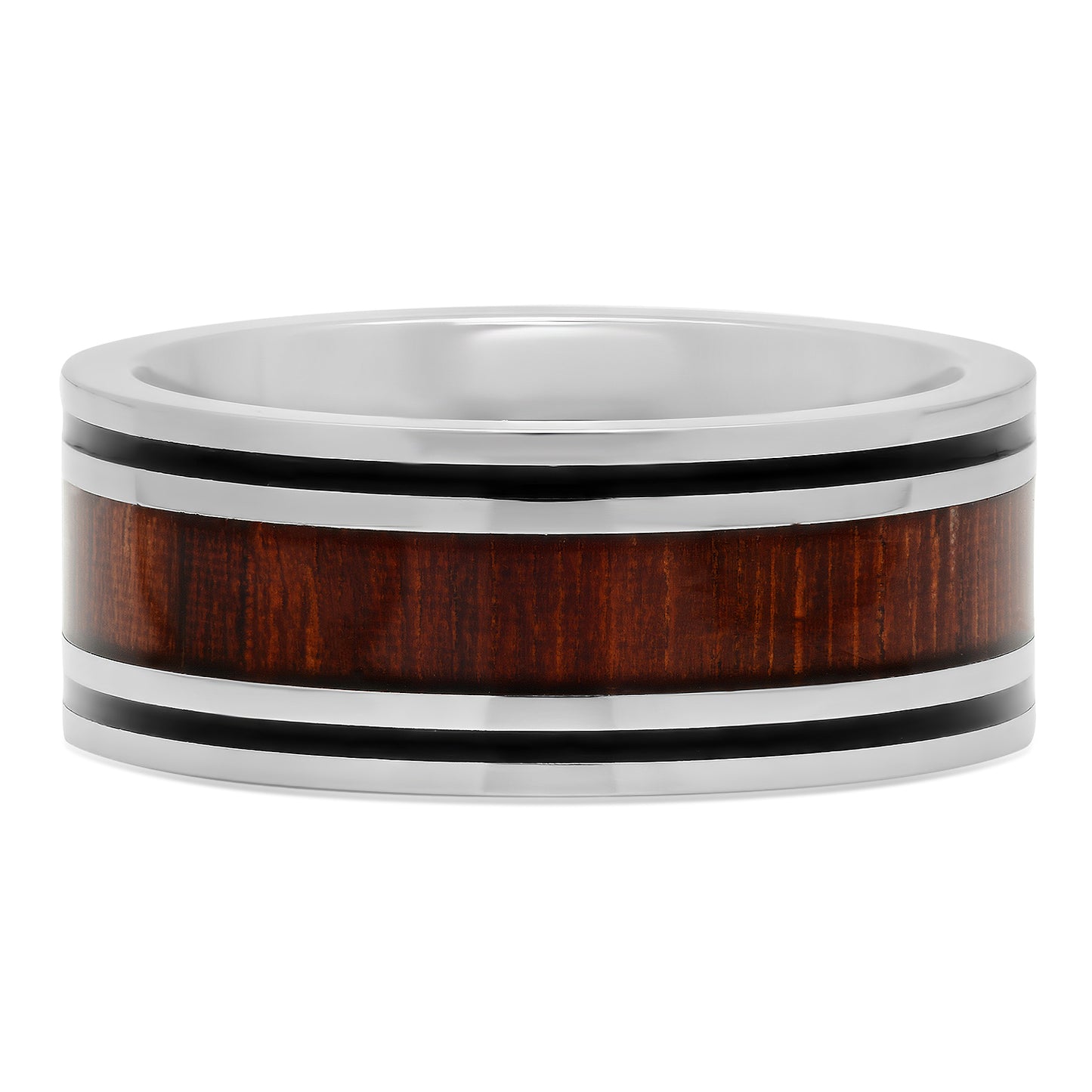 Two-Tone Black & Titanium 8mm Comfort Fit Ring w/Koa Rosewood Inlay + Microfiber