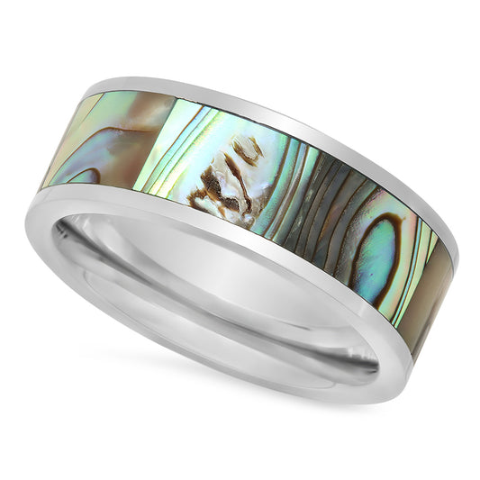 Titanium 8mm Comfort Fit Ring w/Iridescent Abalone Inlay + Microfiber