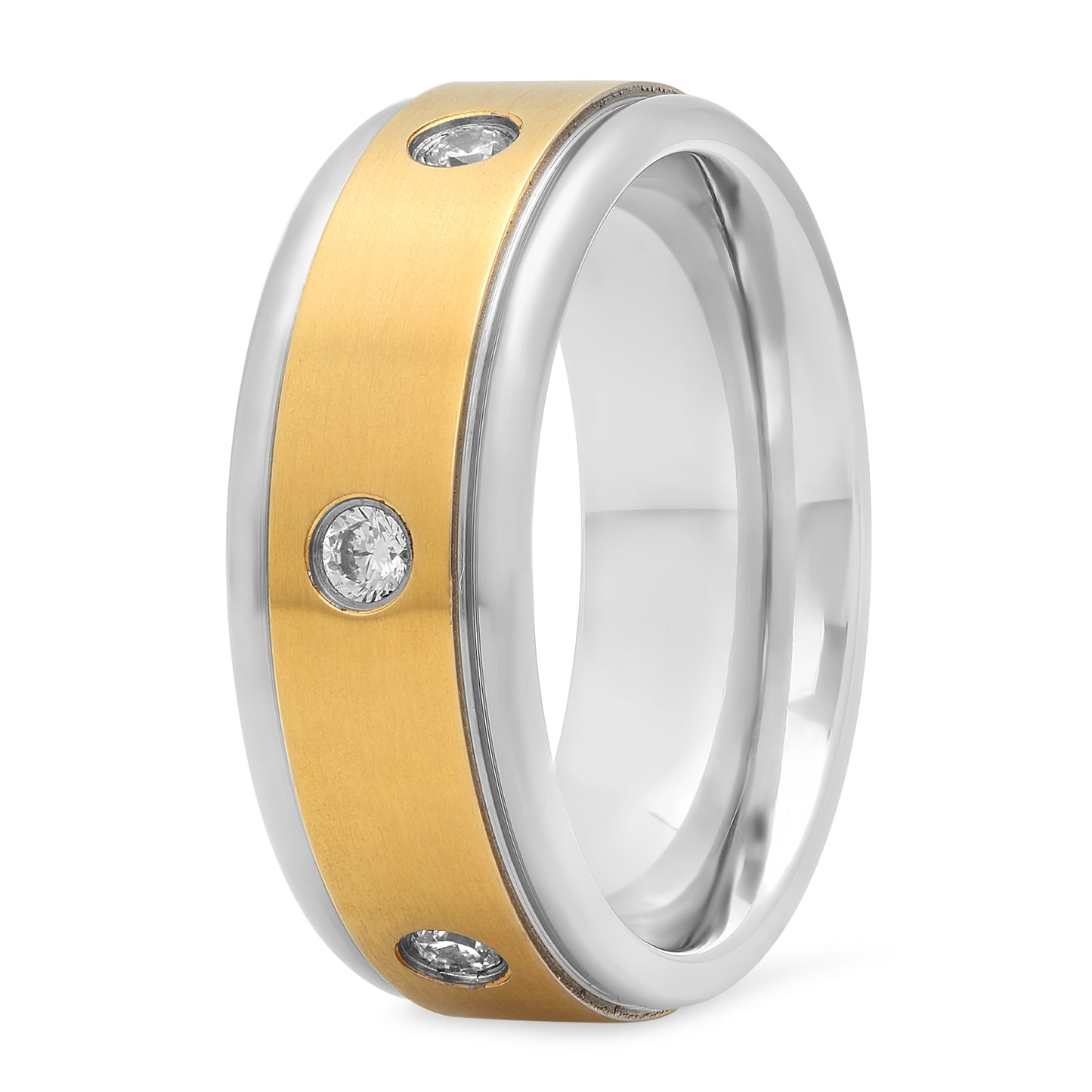 Titanium 8mm Comfort Fit Ring w/Two-Tone Gold & Titanium w/CZs + Jewelry Polishing Cloth (SKU: TN-RN1021)