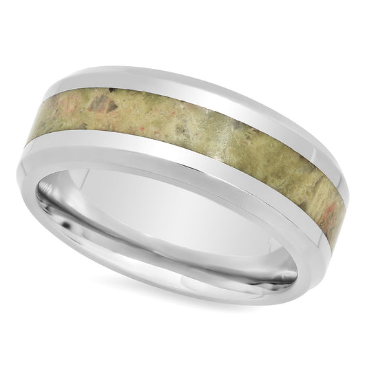 Titanium 8mm Comfort Fit Ring w/Olive Green Riverstone Inlay + Microfiber