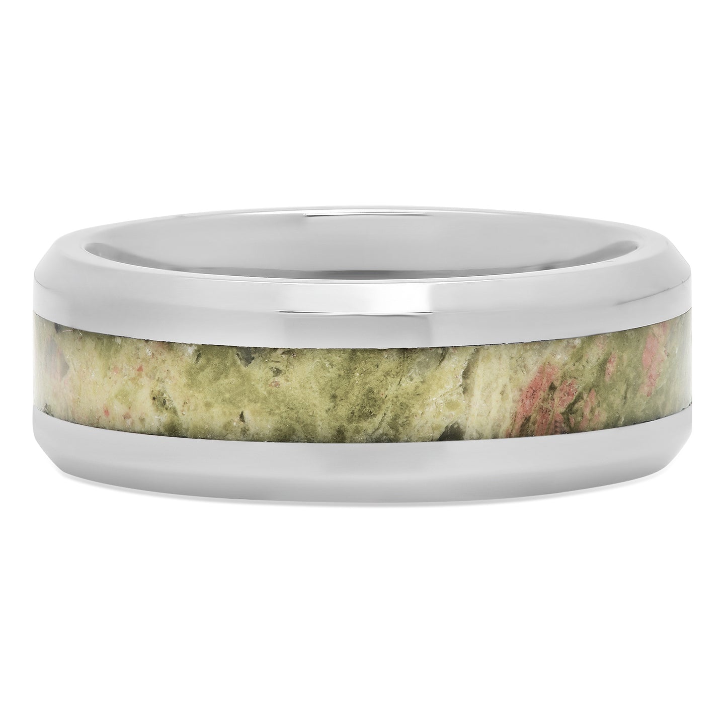 Titanium 8mm Comfort Fit Ring w/Olive Green Riverstone Inlay + Microfiber