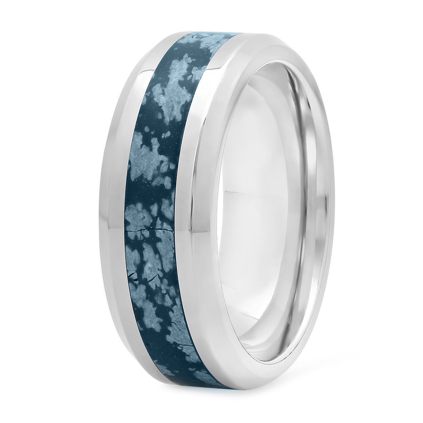 Titanium 8mm Comfort Fit Ring w/Dark Blue/Gray Riverstone Inlay + Microfiber