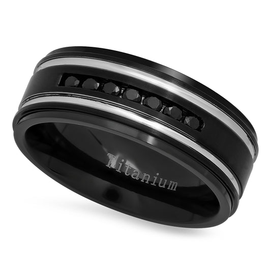 Black Plated Titanium 8mm Comfort Fit Ring w/Black Cubic Zirconia