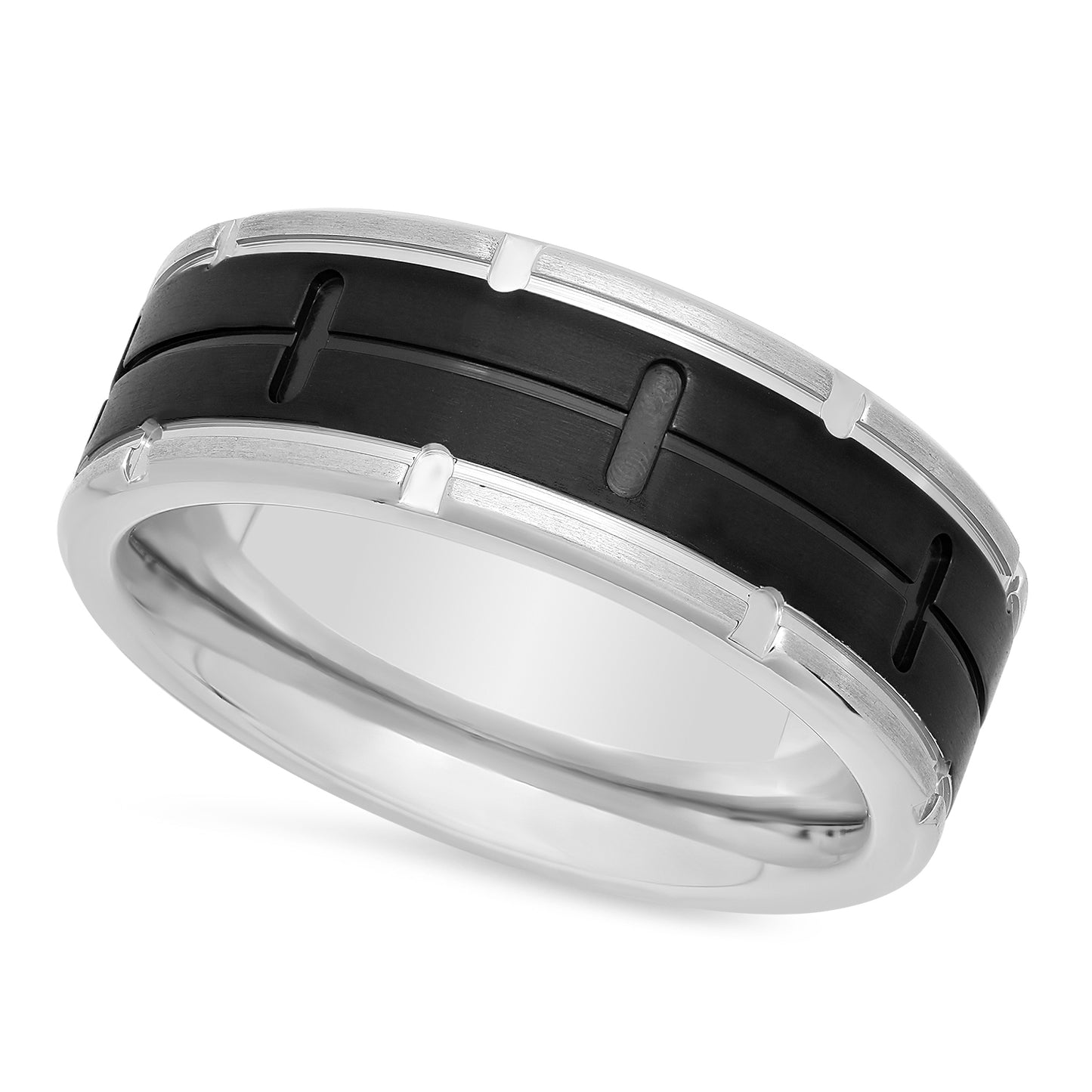 Two-Tone Titanium & Black 8mm Comfort Fit Ring w/Notched Edges + Microfiber