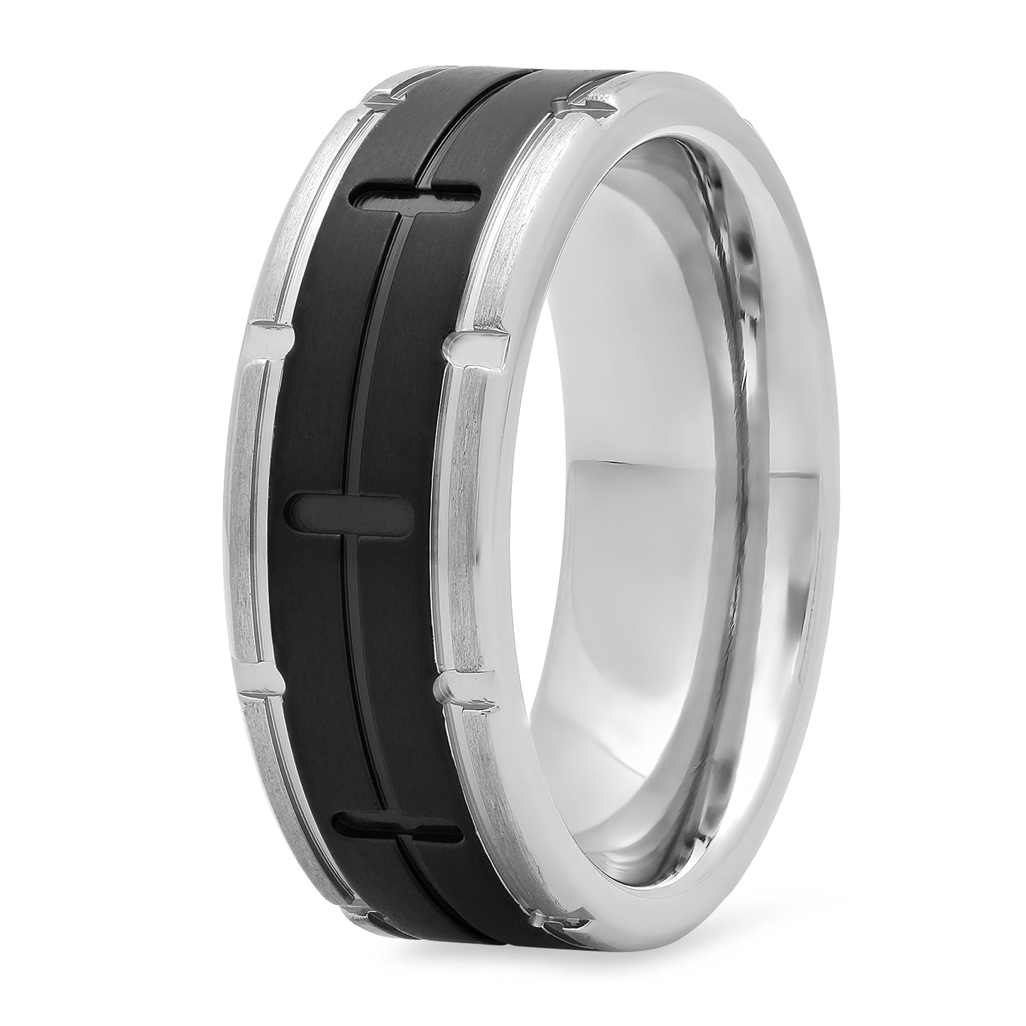 Two-Tone Titanium & Black 8mm Comfort Fit Ring w/Notched Edges + Microfiber