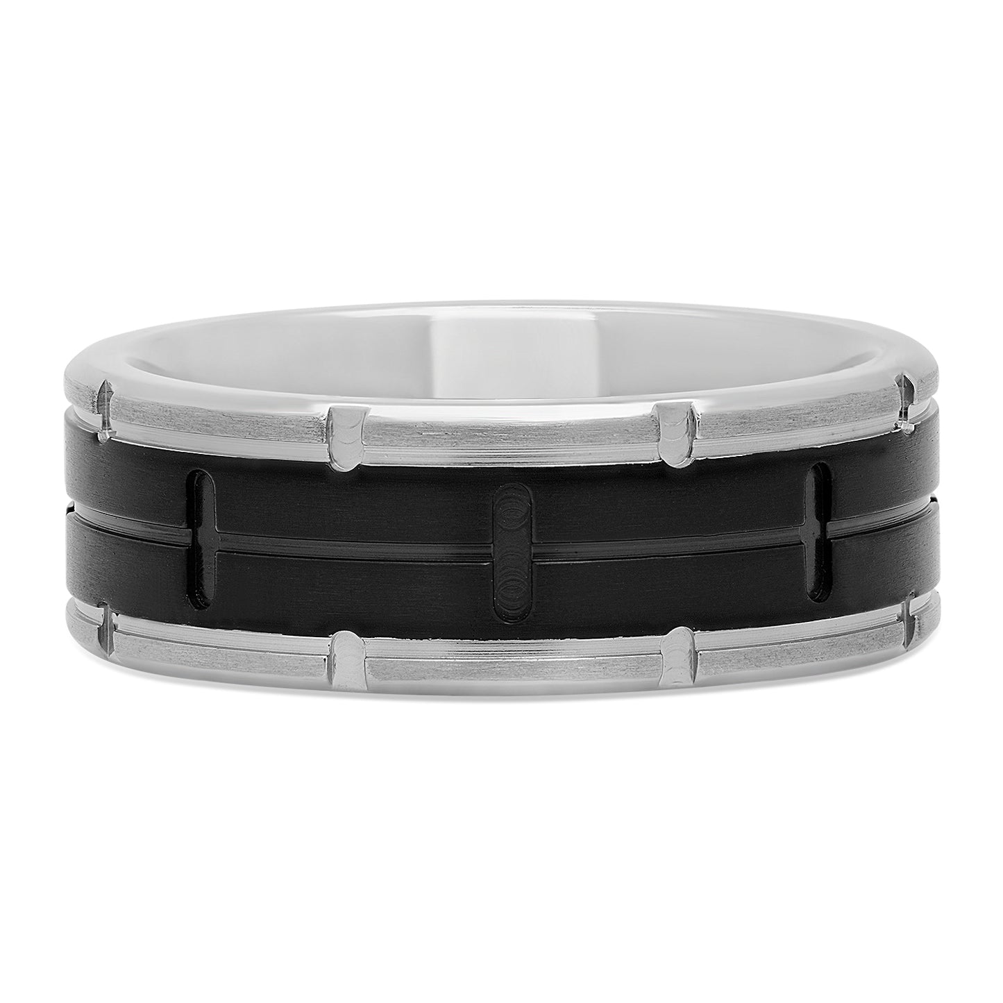 Two-Tone Titanium & Black 8mm Comfort Fit Ring w/Notched Edges + Microfiber