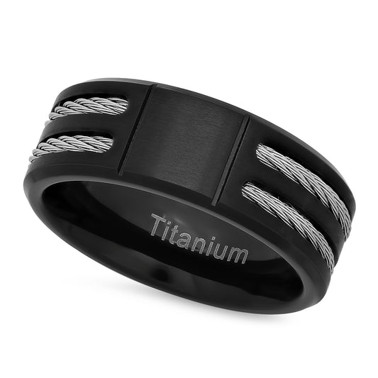 Black Plated Titanium 8mm Comfort Fit Ring w/Dual Cable Inlays