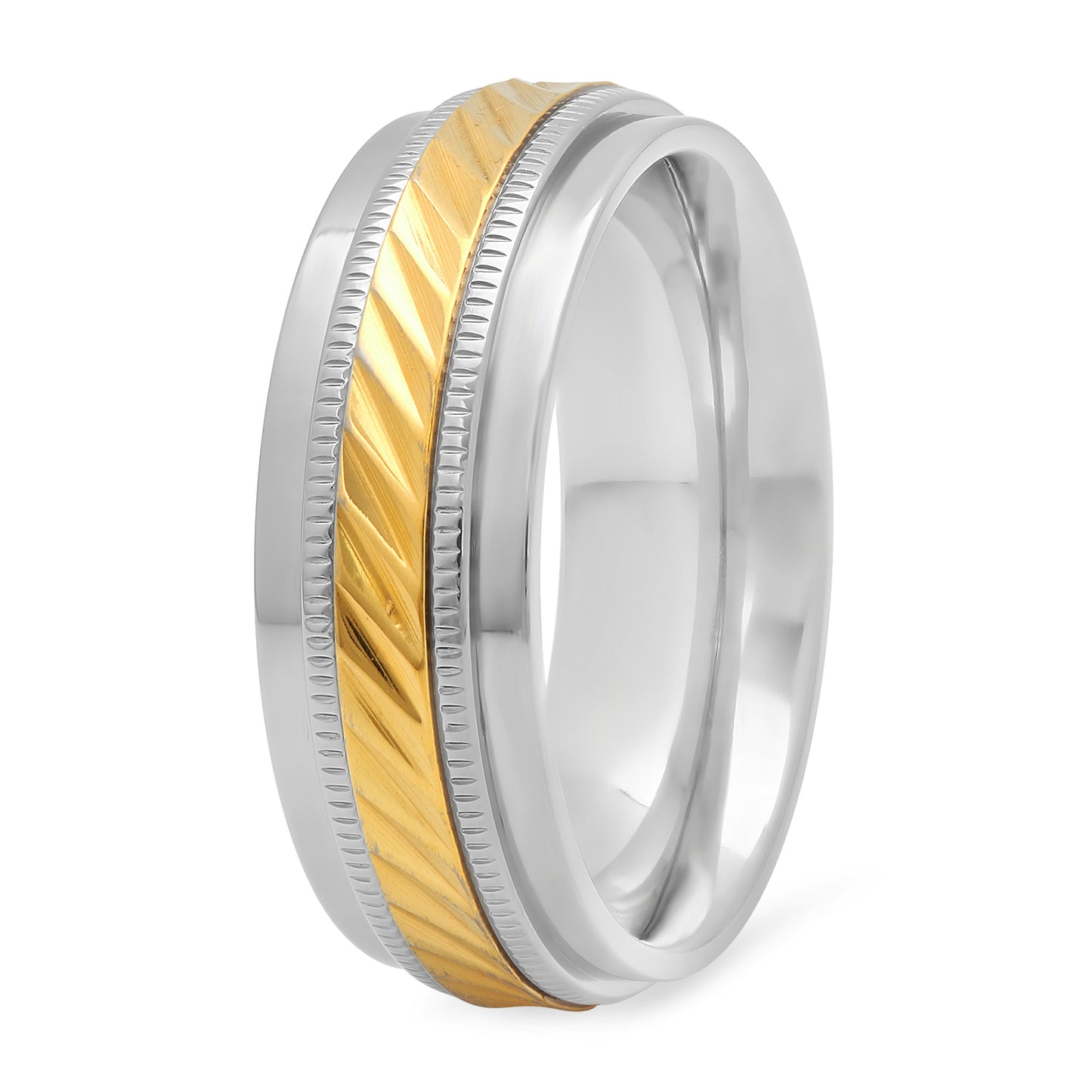 Two-Tone Titanium & Gold 8mm Comfort Fit Ring w/Milgrain Detail + Microfiber