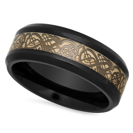 Black Plated Titanium 8mm Comfort Fit Ring w/Wood/Celtic Design Inlay