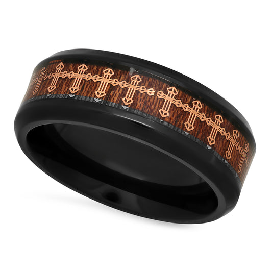 Black Plated Titanium 8mm Comfort Fit Ring w/Rose Gold Cross/Wood Inlay