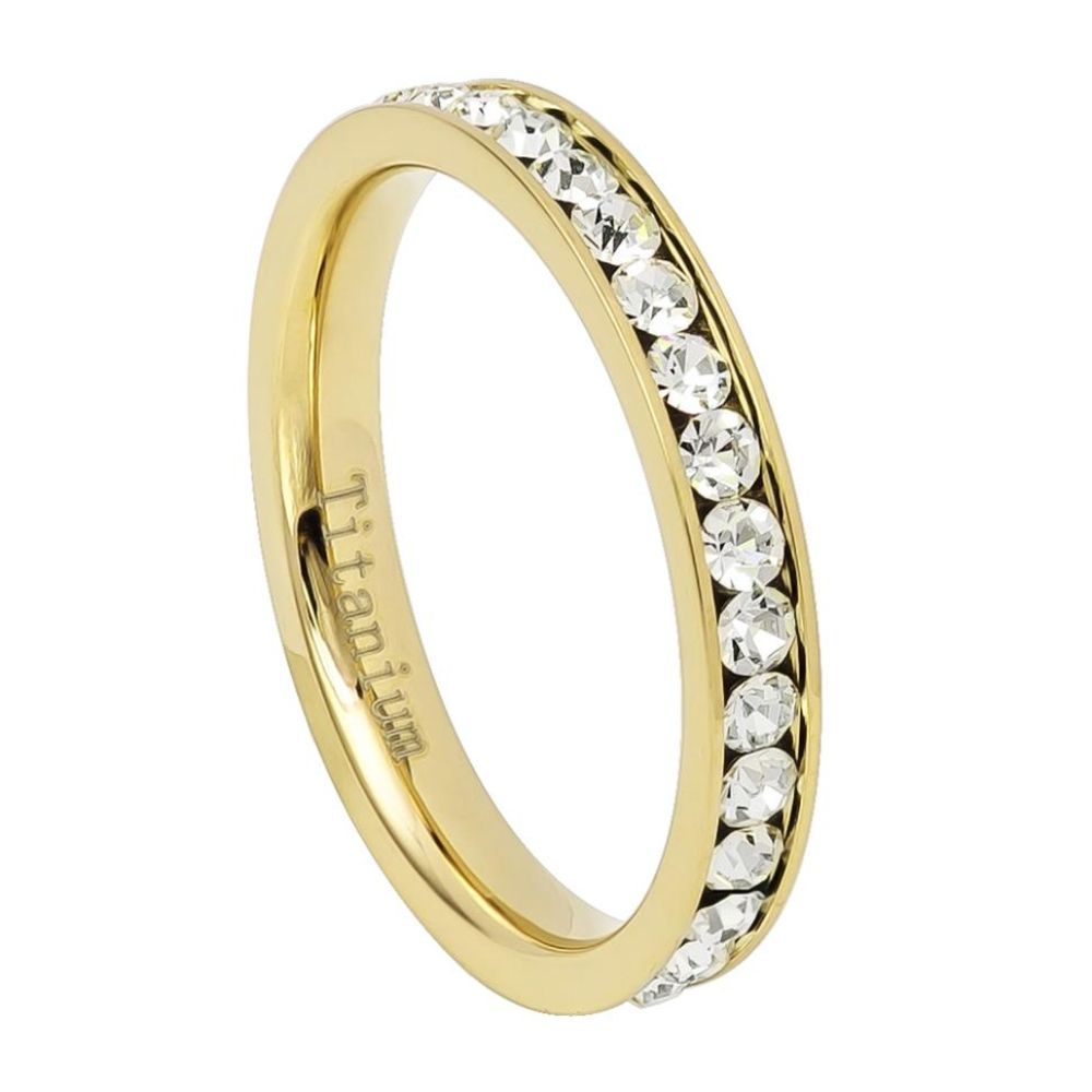 Polished Gold Titanium Cubic Zirconia Band Ring + Jewelry Cloth & Pouch