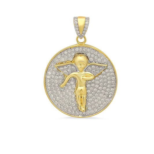 Iced Out 14k Gold Plated 24.5mm x 24.4mm Winged Angel CZ Round Pendant