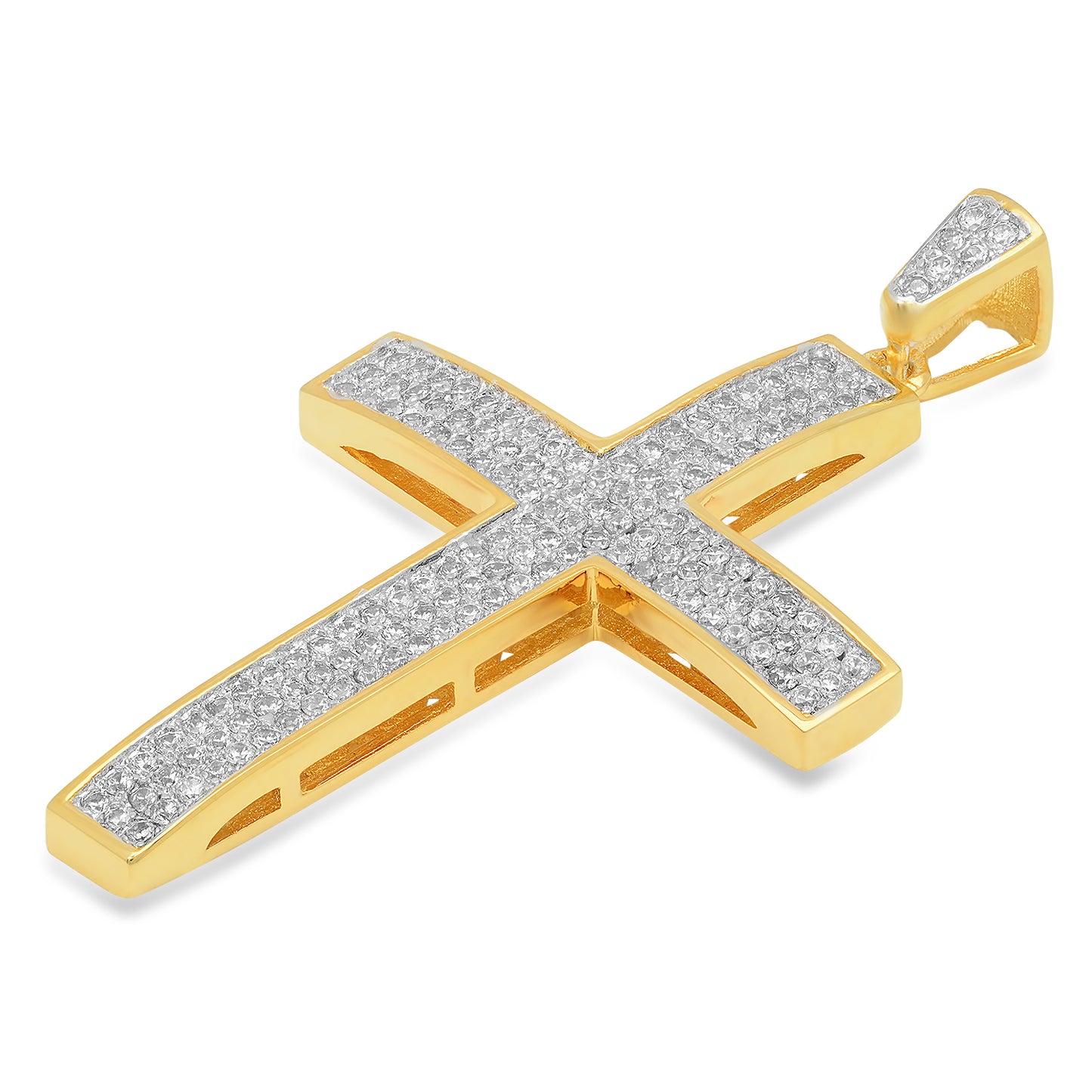 Large Iced Out 25.3mm x 37.8mm Two-Tone 14k Gold CZ Cross Pendant + Jewelry Polishing Cloth (SKU: TT-PDCZ1002)
