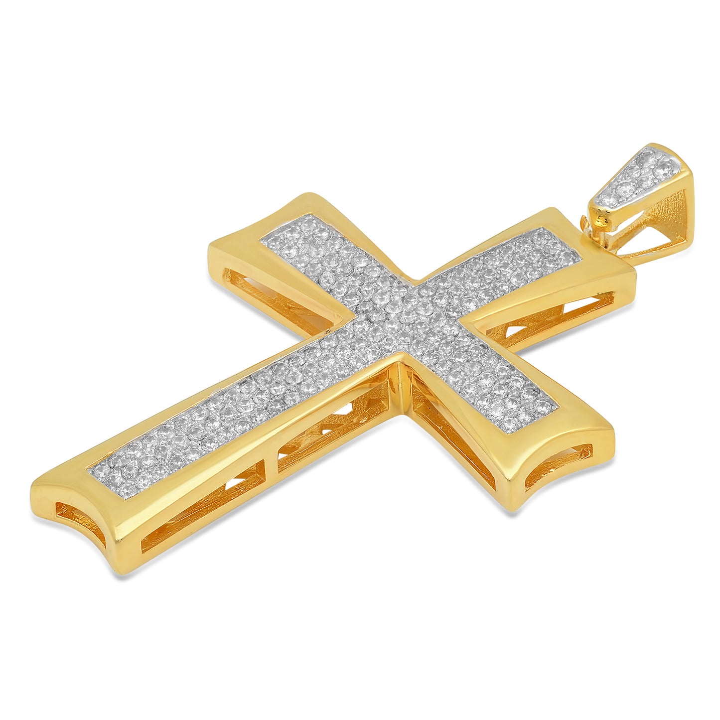 Men's Large Two-Tone 14k Gold CZ Bling Maltese Cross Pendant - 26.6mm x 37.2mm + Jewelry Cleaning Cloth