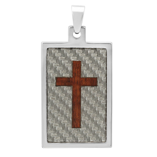 Tungsten w/Gray Carbon Fiber & Wood Cross Inlay 30.5mm x 5.2 cm Pendant