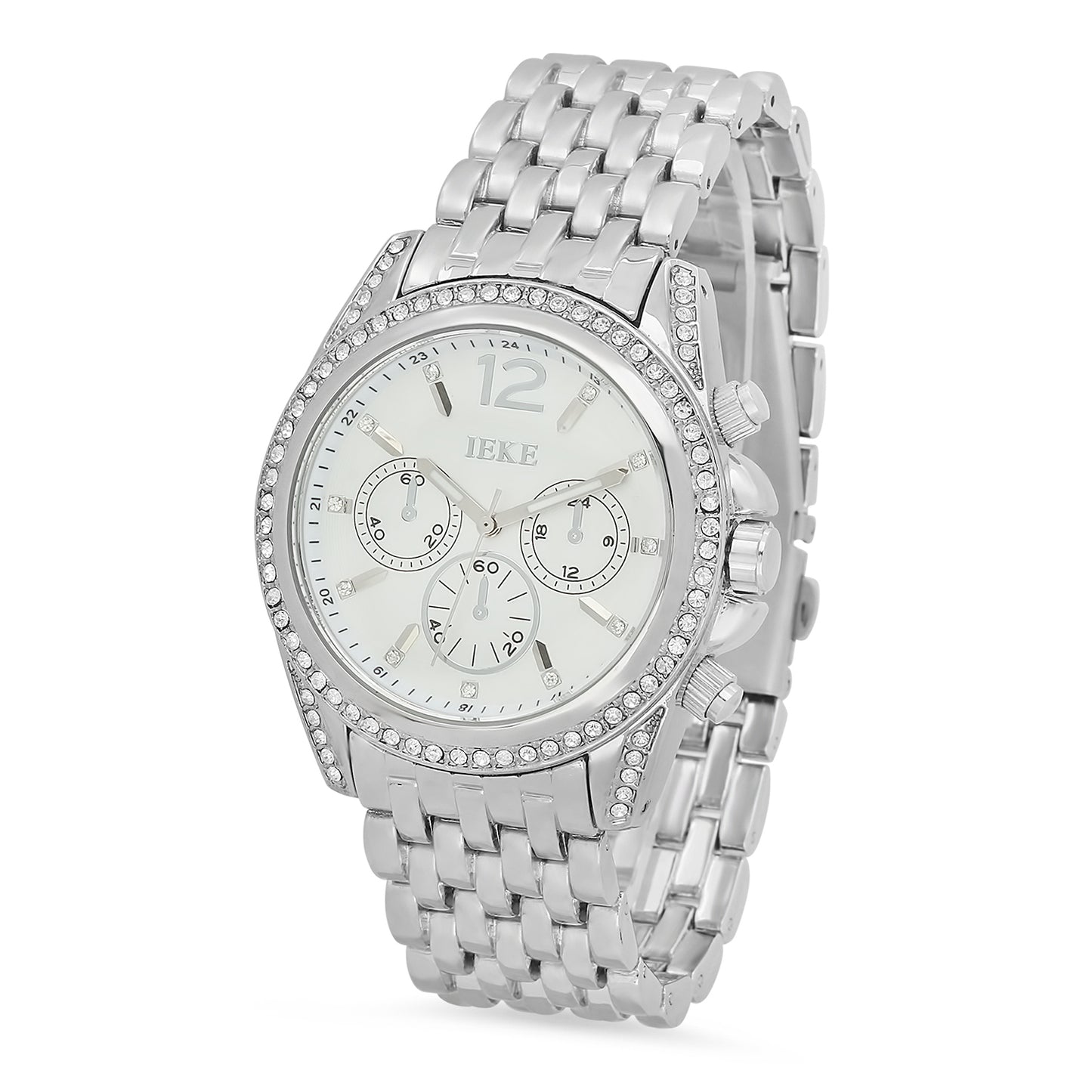 Rhodium Plated White Dial IEKE CZ Bezel Watch w/Trapezoidal Band