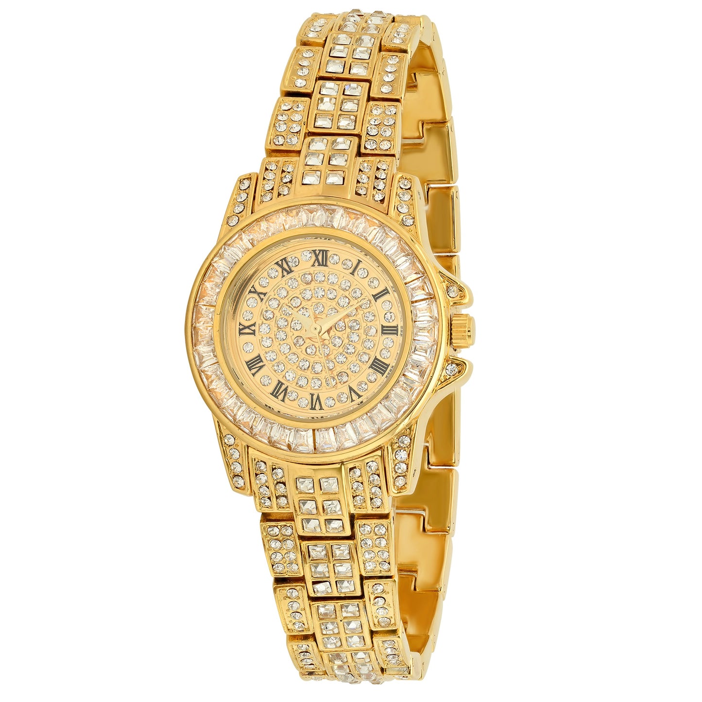 Women's Polished Gold Stainless Steel Cubic Zirconia Iced Out Watch + Jewelry Cloth & Pouch