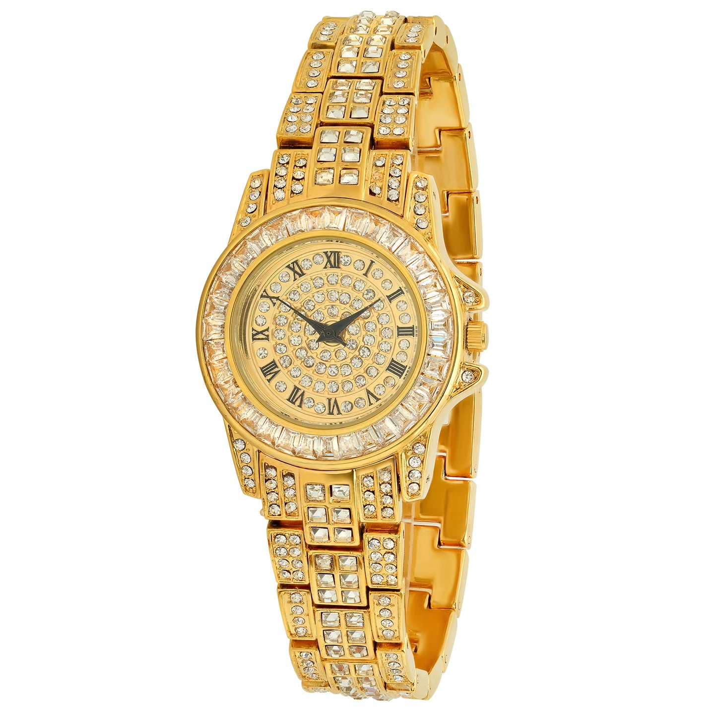 Women's Polished Gold Stainless Steel Cubic Zirconia Iced Out Watch + Jewelry Cloth & Pouch